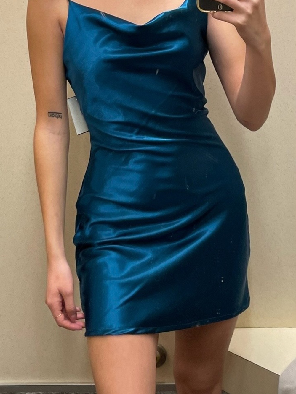 Satin Cowl Mini Dress in Teal Blue